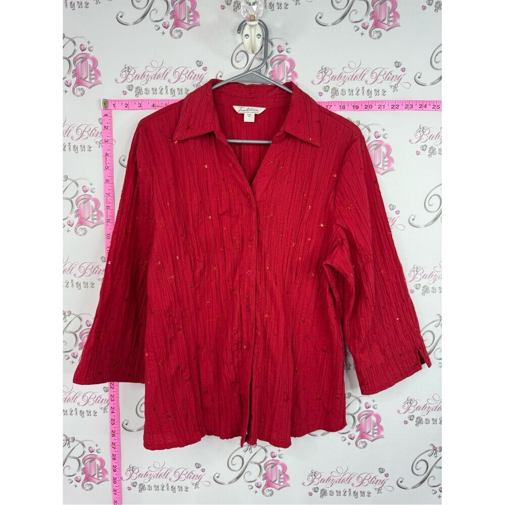 Tradition country collection Red Sequin-Accent Button Down Shirt
